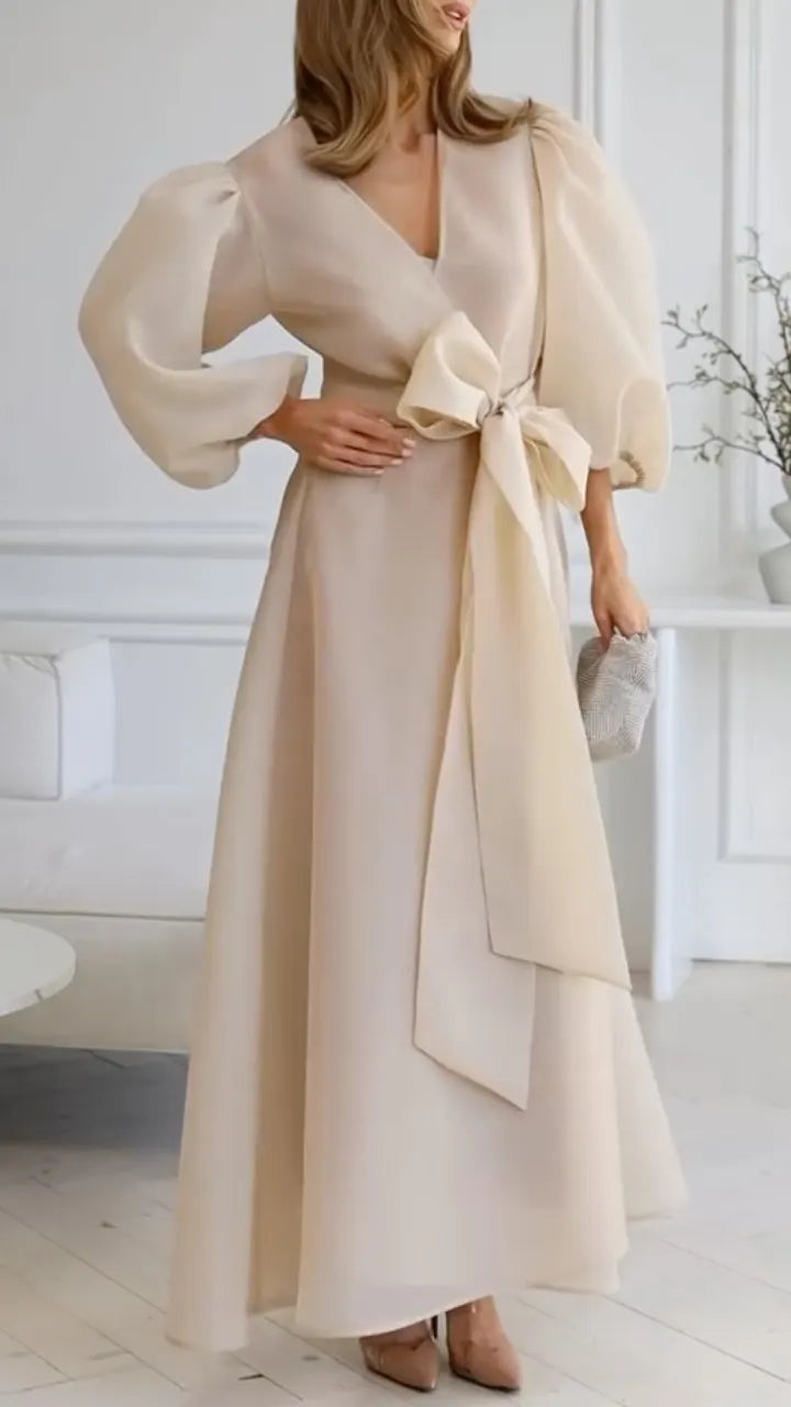 Two Piece Champagne Satin Midi Dress with Organza Puff Sleeve Cardigan