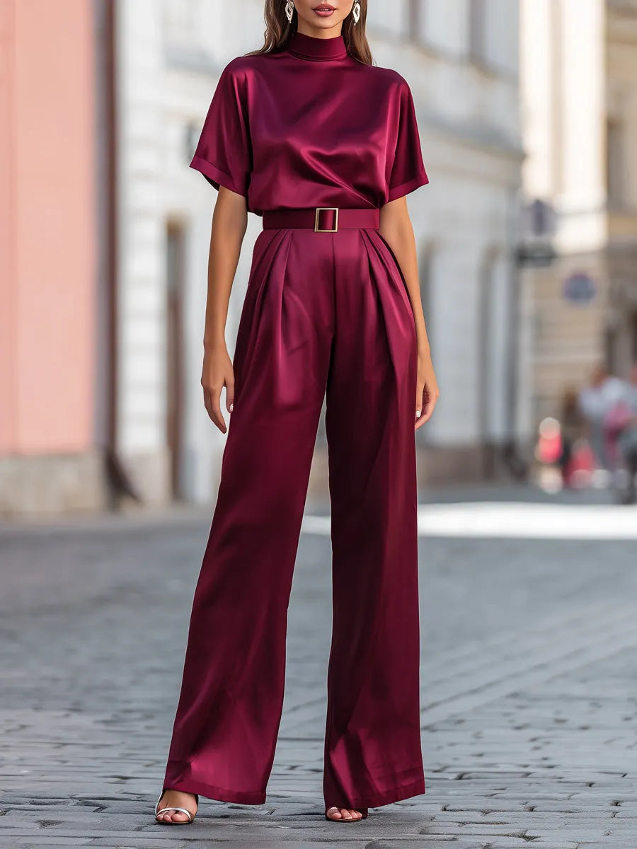 High-Neck Satin Top & Pleated Wide-Leg Trouser Set