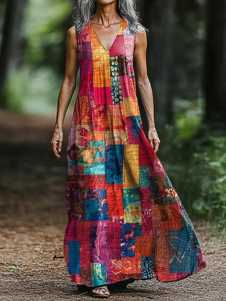 Women's Art Painting Colorful Patchwork Print V Neck Tank Dress 03a8