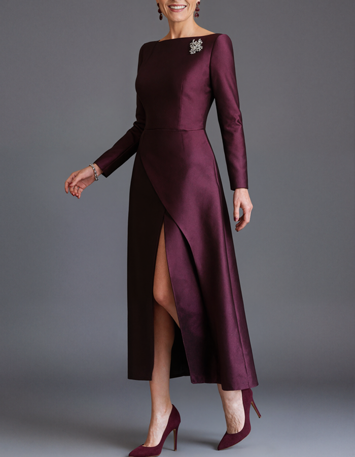 Burgundy Off-The-Shoulder Satin Maxi Dress