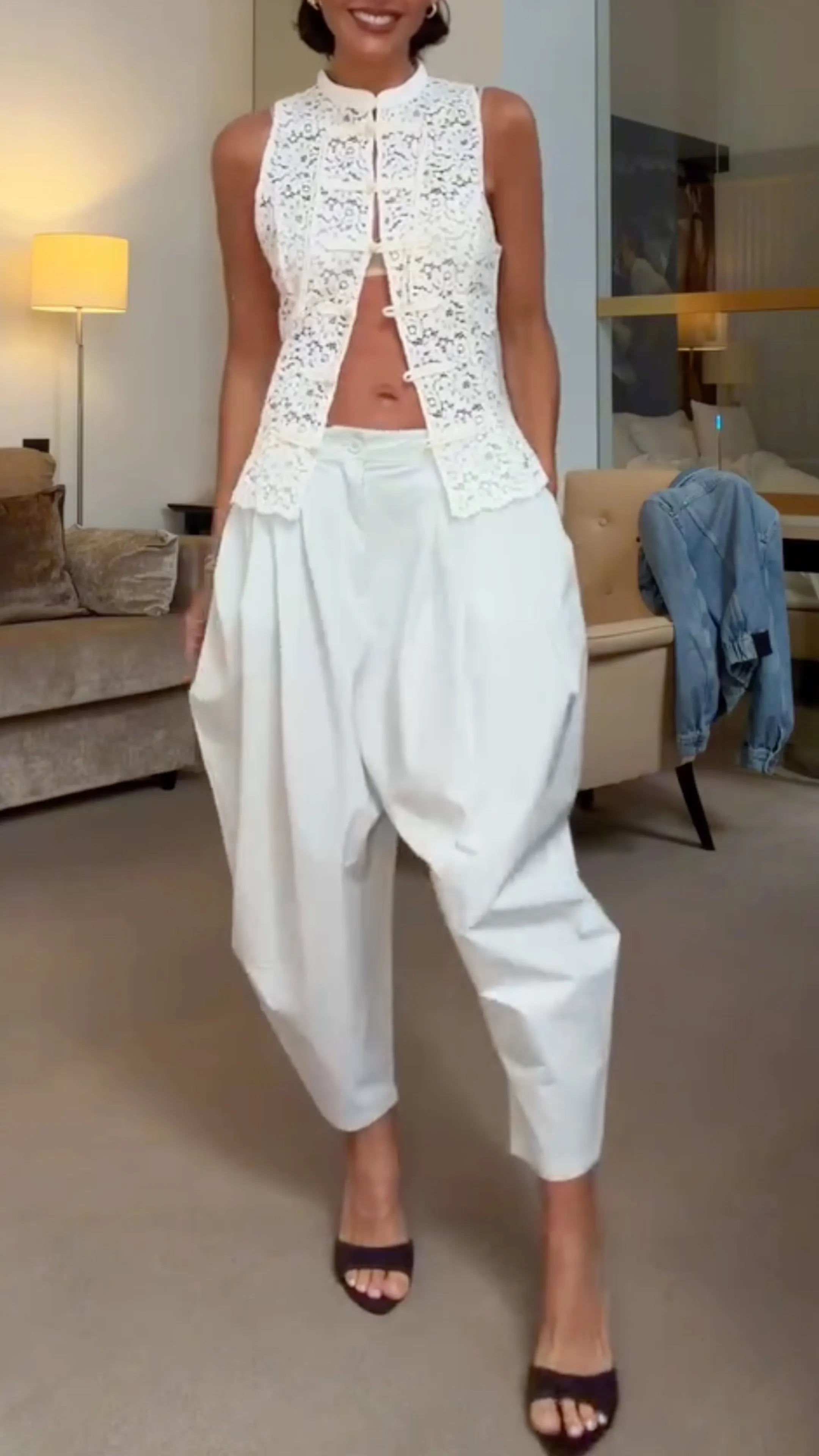 Collar Lace Sleeveless Vest & Baggy Harem Capri Pants 2‑Piece