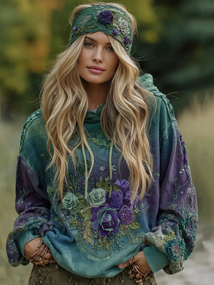 Women's Vintage Purple Lavender Patchwork And Floral Embroidered Art Gradient Comfort Hoodie