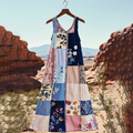 Women's Bohemian Floral Patchwork Art Vintage Linen Tank Dress 8ba1