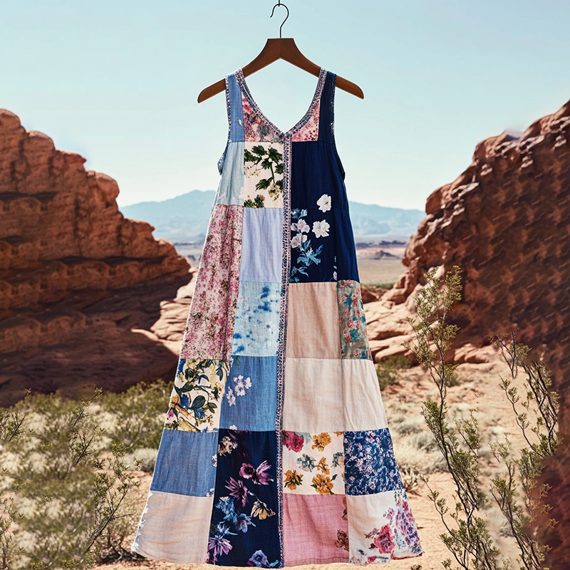 Women's Bohemian Floral Patchwork Art Vintage Linen Tank Dress 8ba1