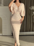 Paneled Shiny Long Sleeves V-neck Maxi Dresses