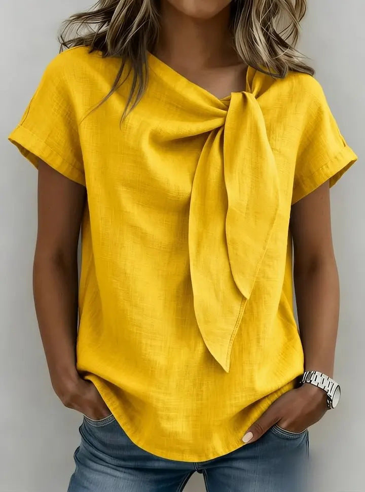 Linen Tie‑Neck Short‑Sleeve Blouse