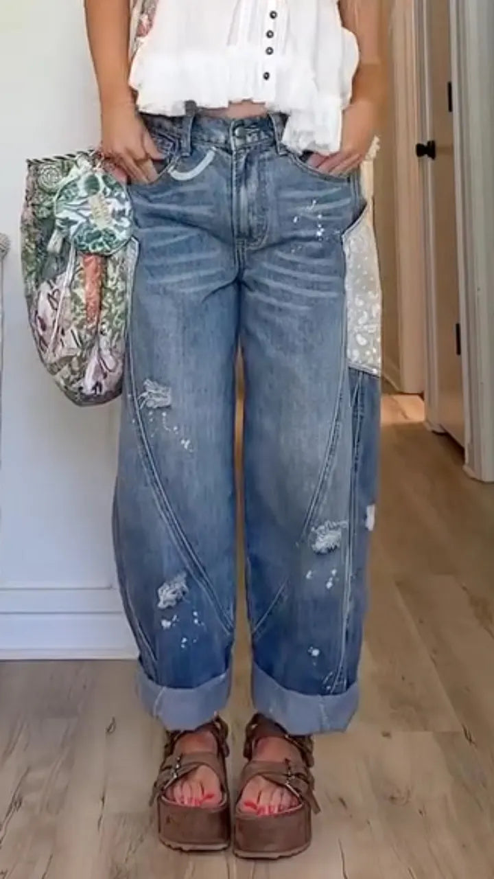 Short‑Sleeve Top & Distressed Patchwork Denim Jeans Co‑Ord Set