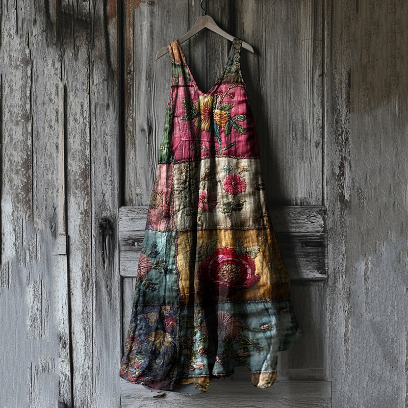 Women's Vintage Floral Patchwork Cotton And Linen Dress b31c