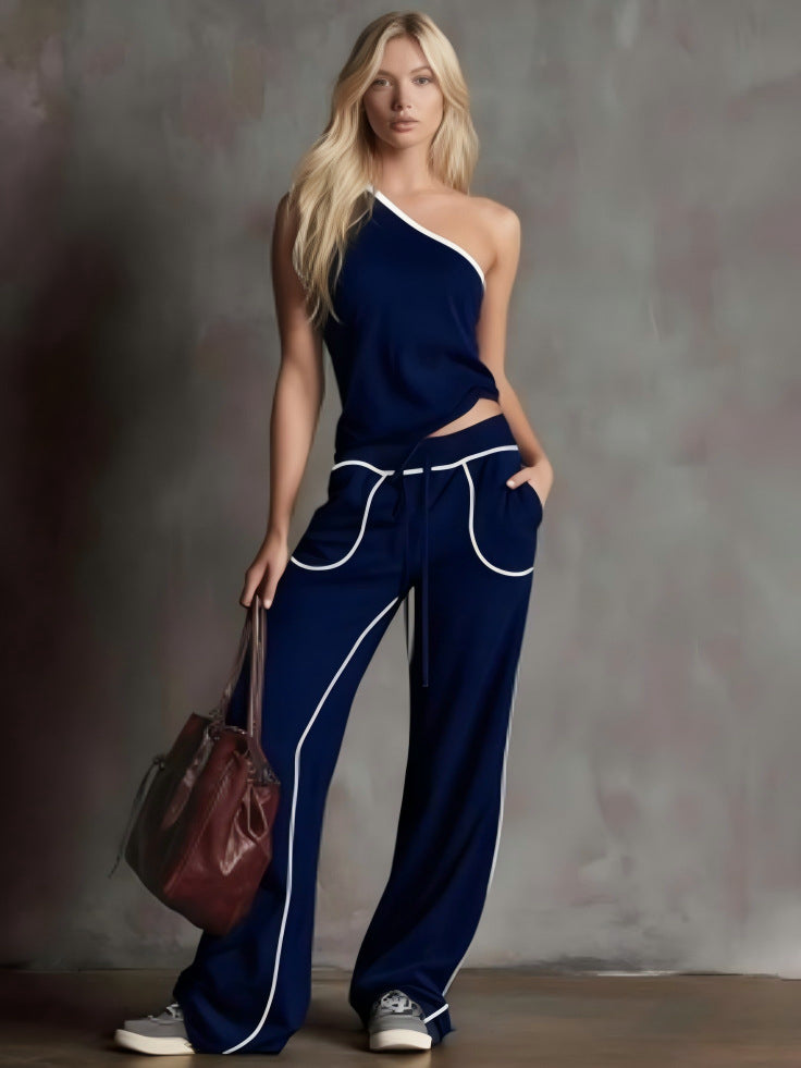 Women's Chic One-Shoulder Lounge Set - Contrast Piping Wide-Leg Pants & Asymmetric Top 2-Piece Outfit