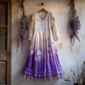 Vintage Boho Lavender Gradient Lace Art Linen V Neck Maxi Dress