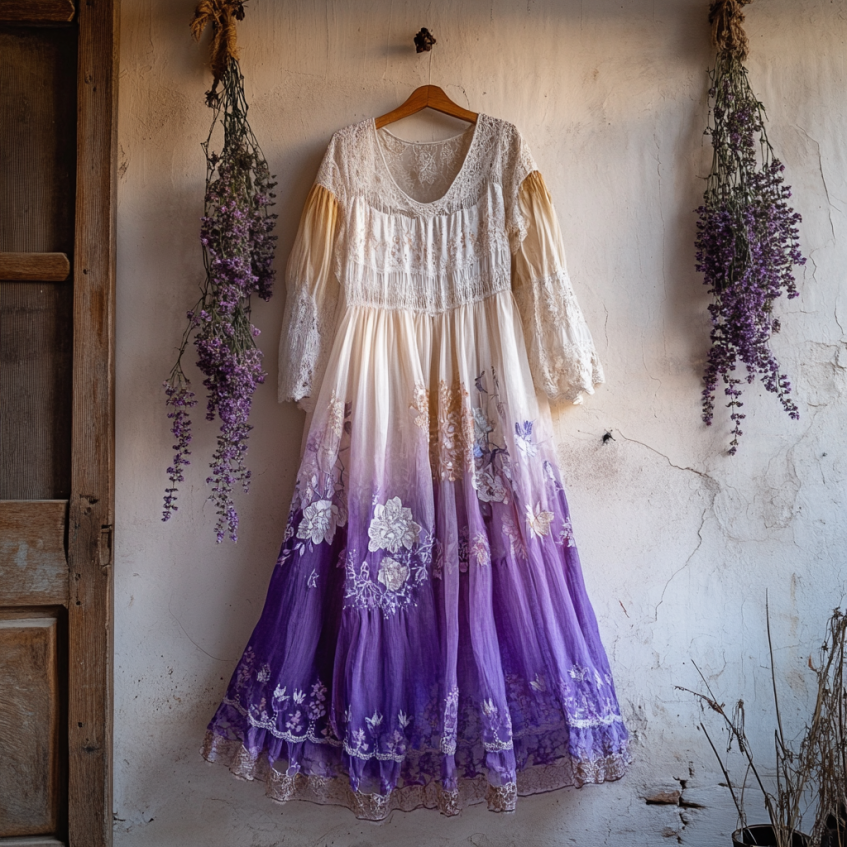 Vintage Boho Lavender Gradient Lace Art Linen V Neck Maxi Dress