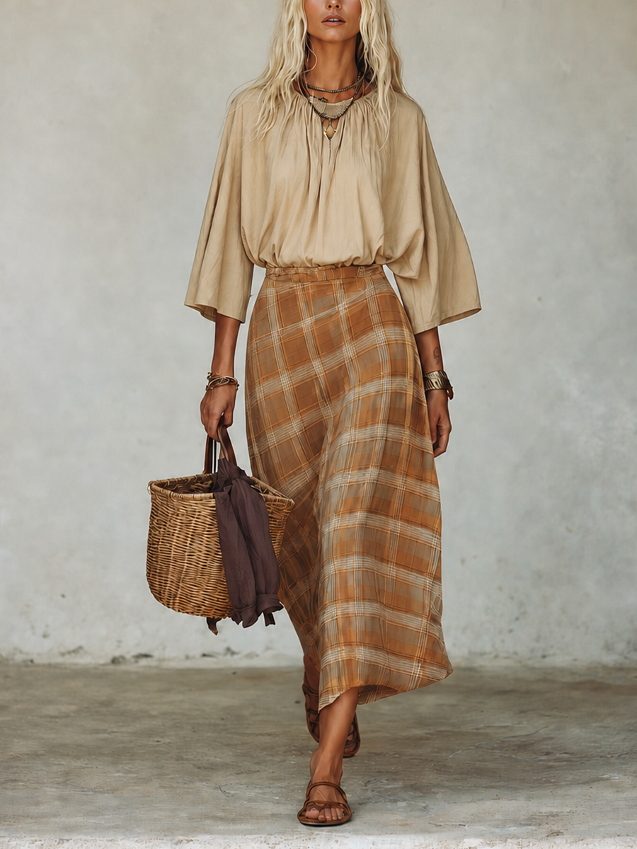Earthy Boho Cape Sleeve Top & Plaid Midi Skirt Set