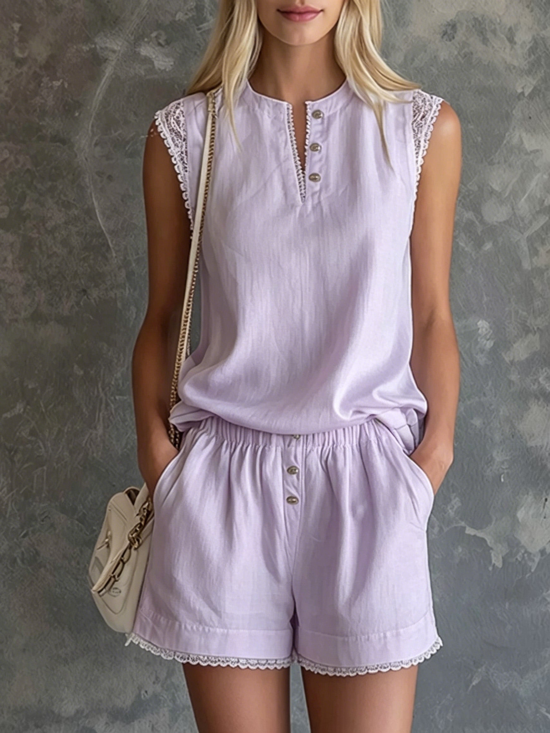 Lace-trimmed Sleeveless Top ＆ Shorts Casual Set