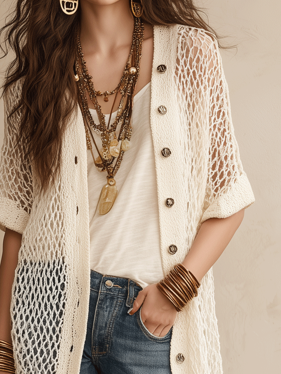 Bohemian Open-Knit Resort Ivory White Cardigan