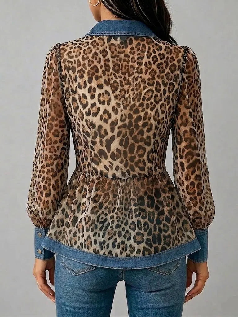 Casual & Stylish Spliced denim And Leopard Print Shirt