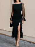 Bateau Off Shoulder Sheer Mesh Flounce Long Sleeve Ruched Side Slit Midi  Dress