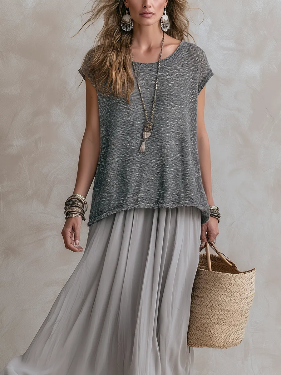 Elegant Gray Knit Top And Chiffon Skirt Set