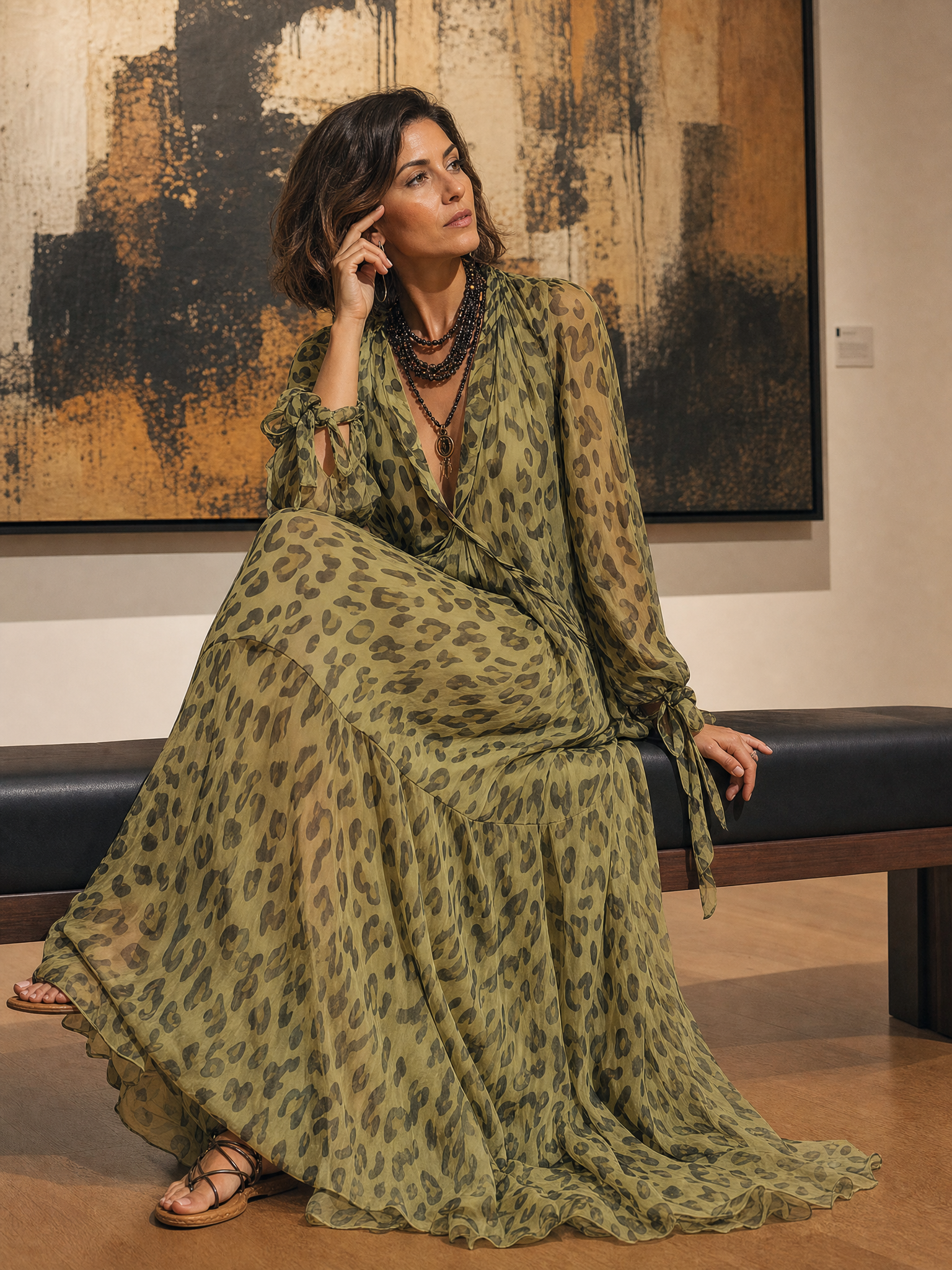 Olive Green Leopard Print Chiffon Long-sleeved Bohemian Dress