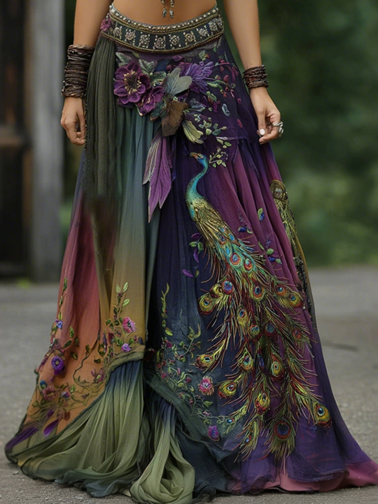 Vintage Classy Gradient Peacock With Floral Embroidered Art Linen Blend Casual Skirt