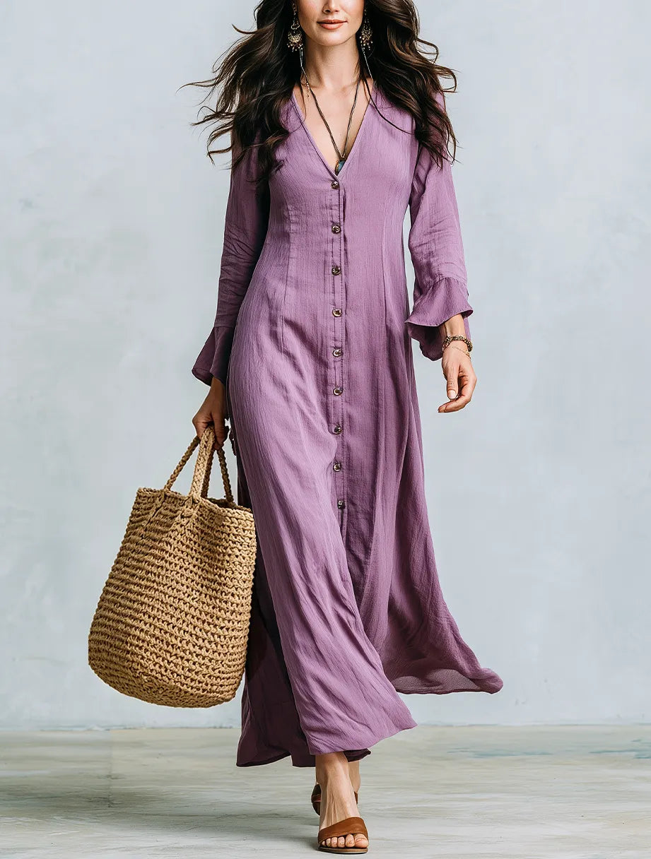 Romantic Purple Button Front V-Neck Long Sleeve Maxi Dress