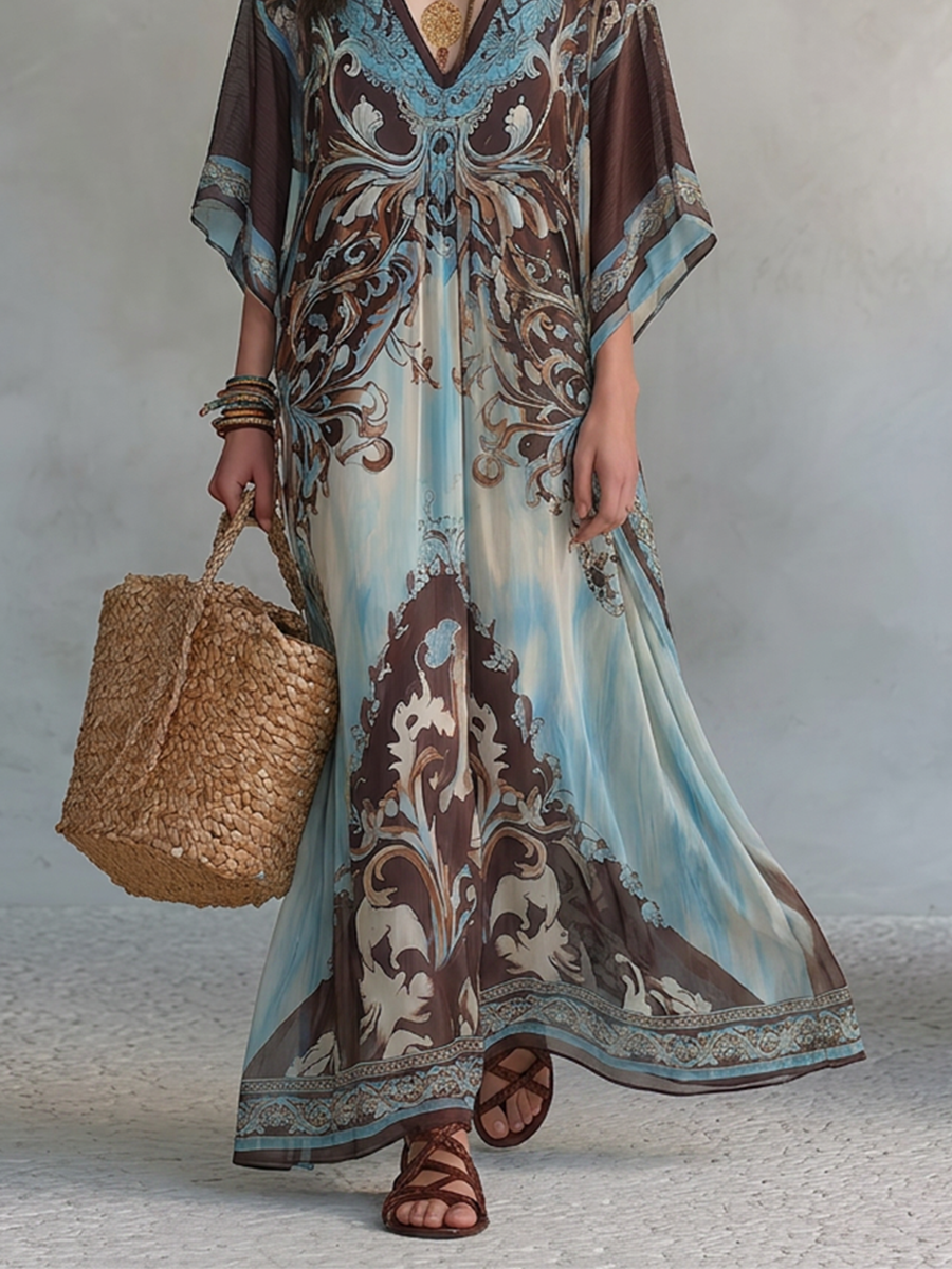 Boho Paisley Batwing Sleeve Beach Cover-Up Maxi Dress