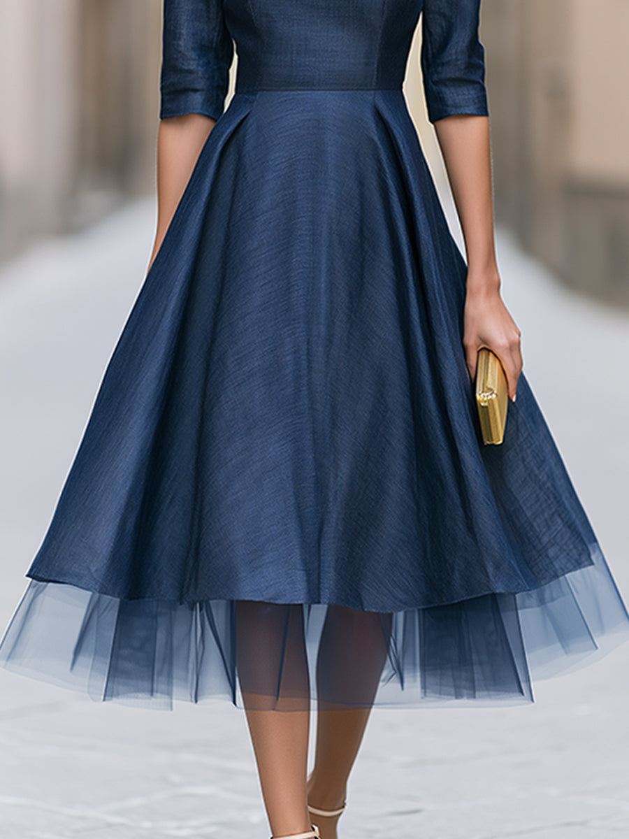 Tulle Hem Bateau Neck A-Line Midi Dress