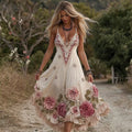 Women's Vintage Pink Flowers Embroidery Art V-neck Suspender Maxi Dress