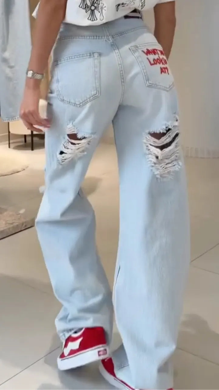 Light Wash Distressed Drawstring Baggy Jeans