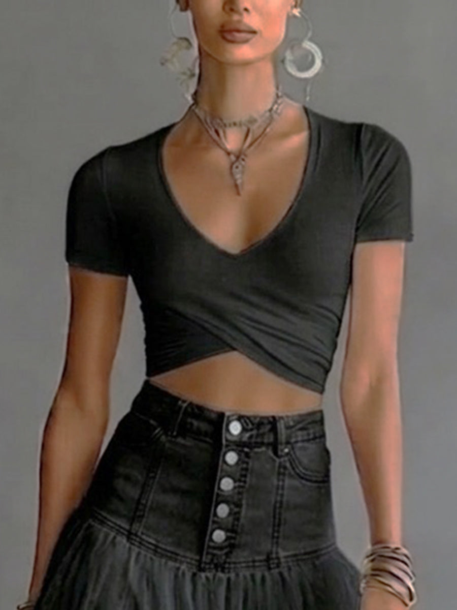 Casual & Comfortable Stretchy Knit Cropped T-shirt