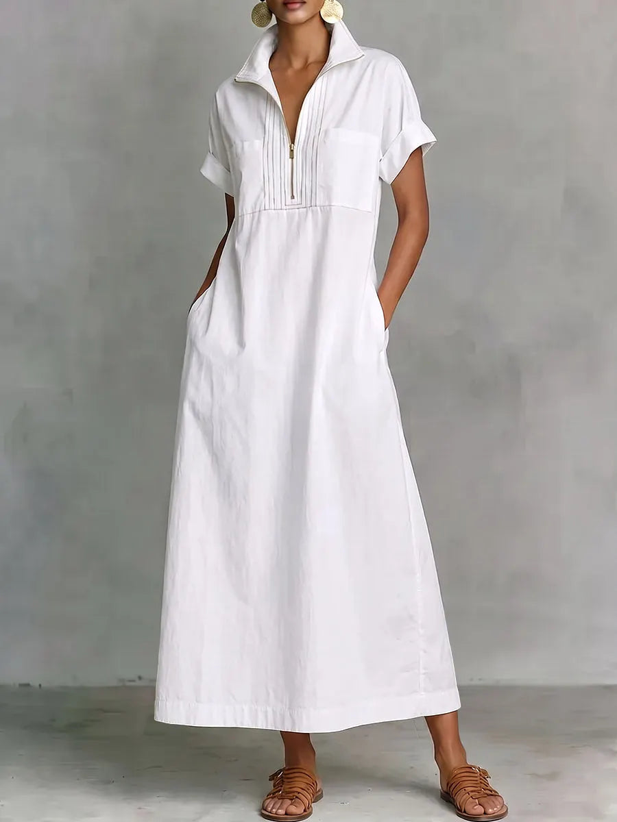 Zipper Solid Color Pockets Sleeveless High Waisted V-neck Maxi Dresses
