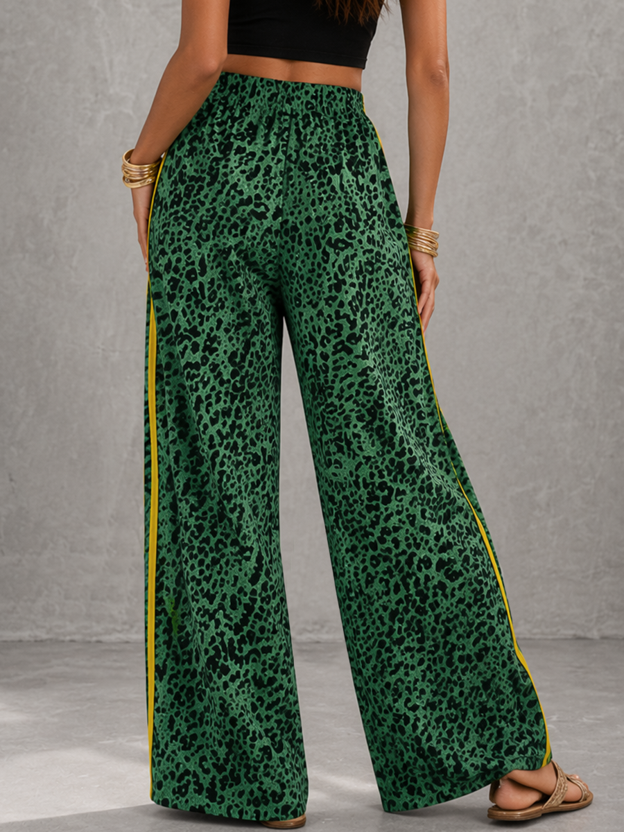 Striped Pockets Leopard Elasticity Drawstring Contrast Color Wide Leg Loose Trousers Pants