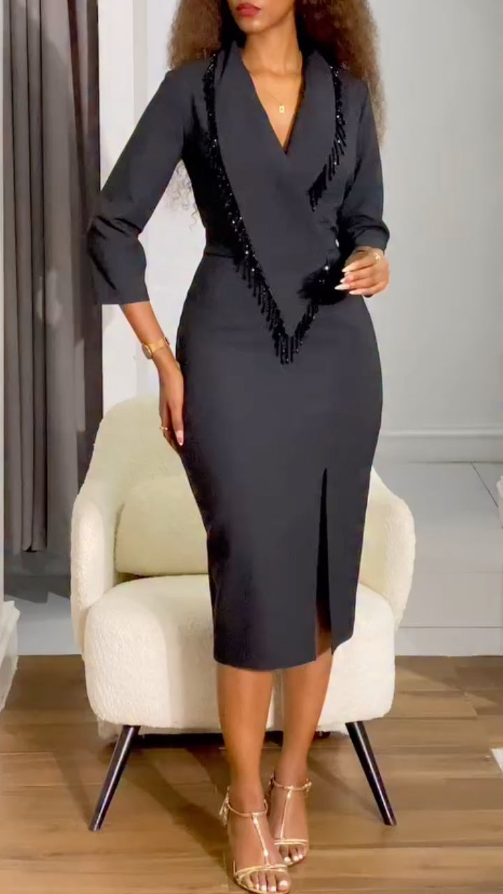 Elegant Shawl Collar Midi Dress with Sequin Fringe Detailing