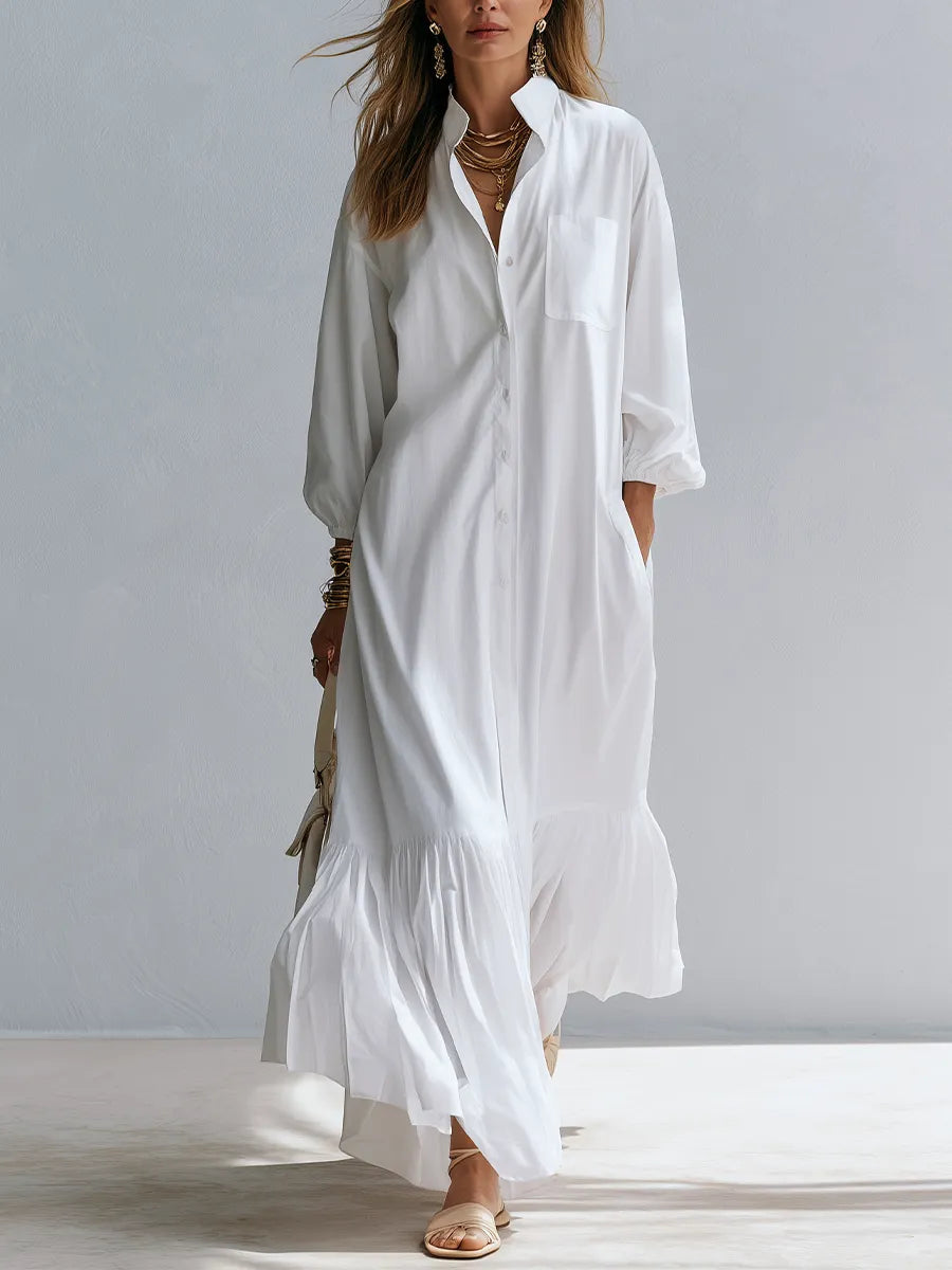 Resort Style White Cotton Ruffled Long Shirt Dress