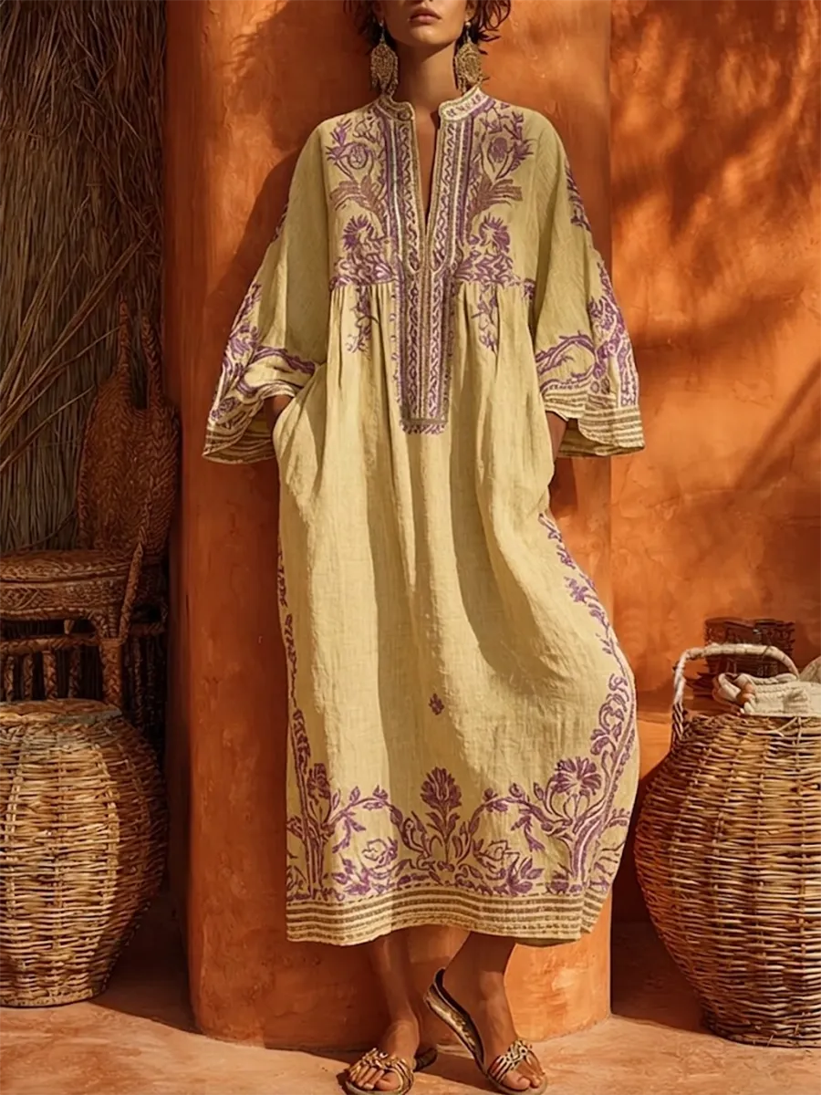 Bohemian Floral Print Cotton-linen Maxi Dress