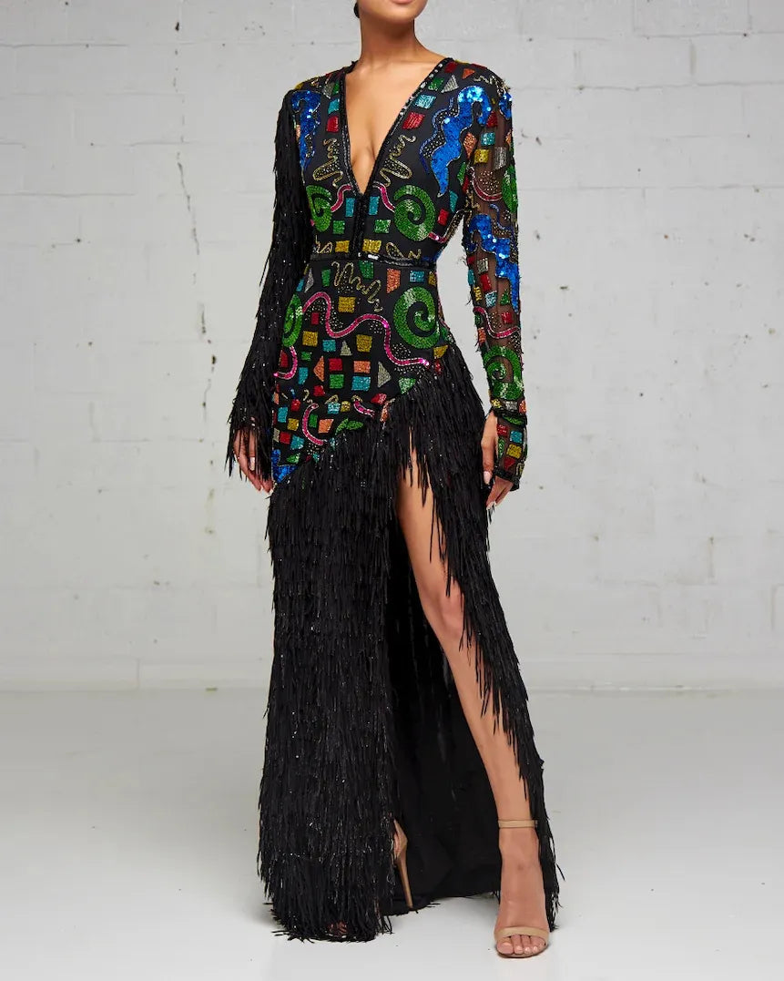 Beaded and Fringe Multi-Colored Slit Dress