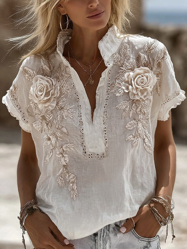 Vintage Boho Roses Embroidered V Neck Linen Shirt