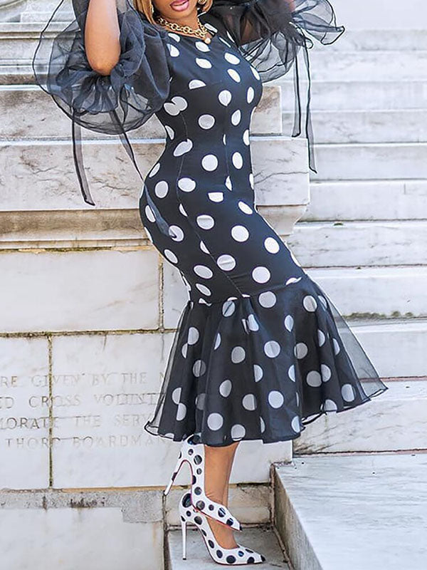 Round-Neck Puff Sleeve Mesh Polka-Dot Falbala Wrap Midi Dress