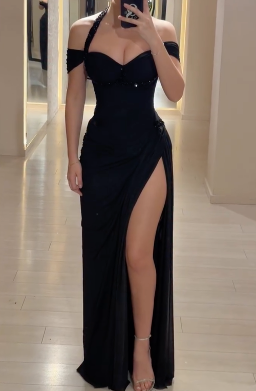 Black Halter Neck Beaded Maxi Dress with High Slit