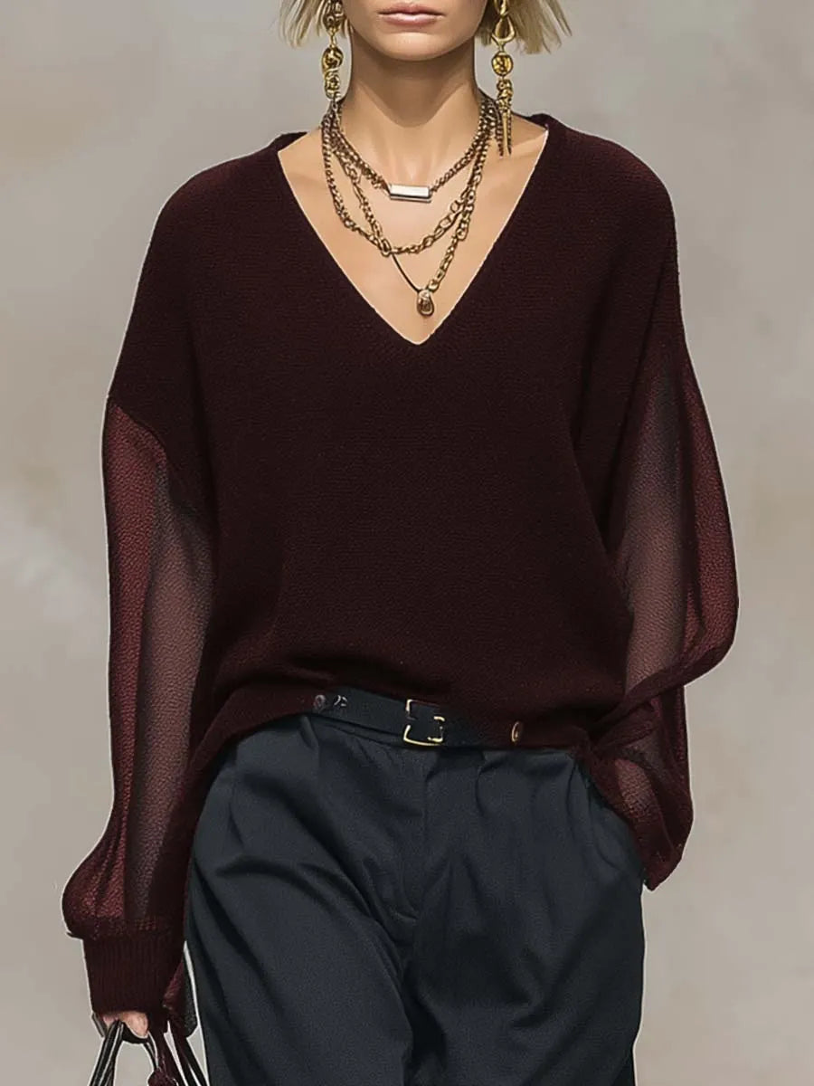 Breathable And Casual Comfortable V-neck Transparent Long-sleeved Black Knitted Blouse Top