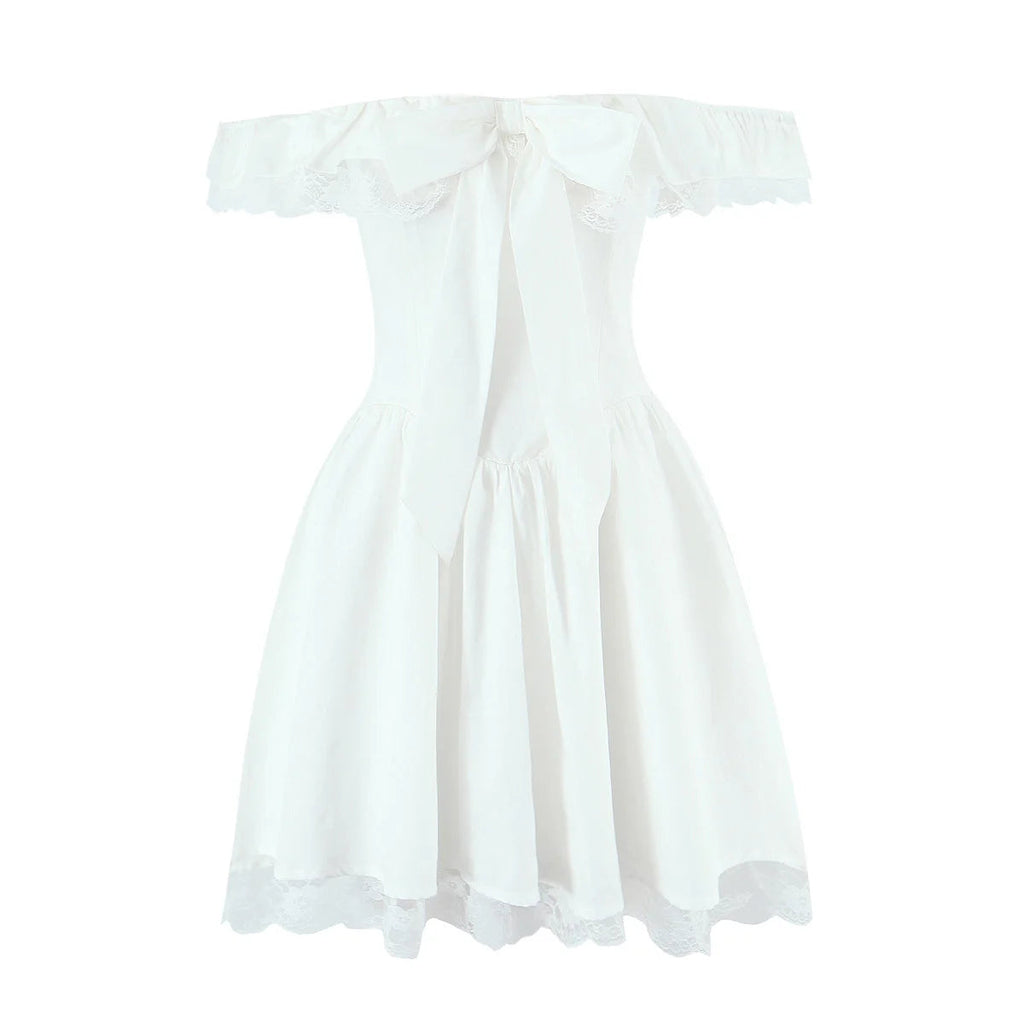 Evienne Off-Shoulder Corset Mini Dress – White Ruffle Bow Summer Dress for Garden Parties and Holiday Looks