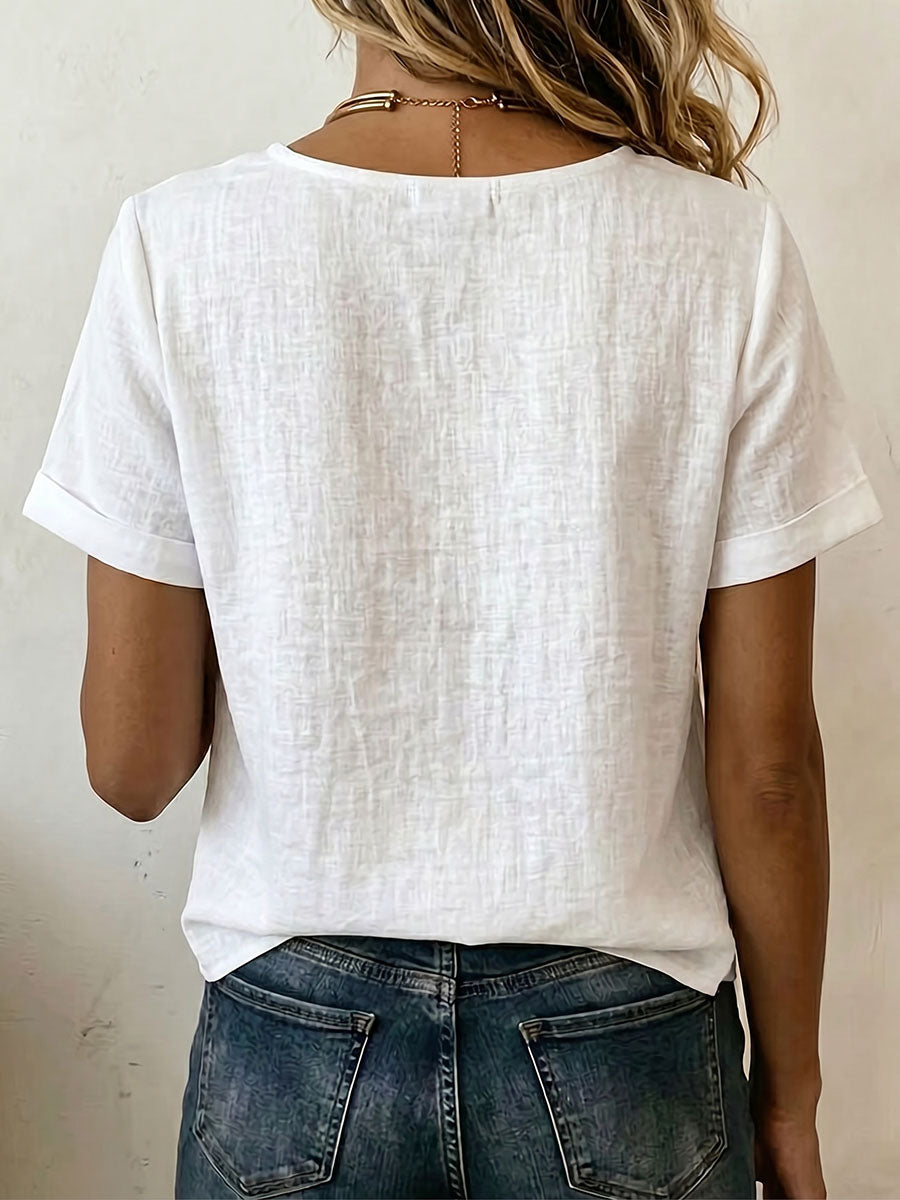 Women's Crew-neck Short-sleeve Linen Cotton Top With Side Buttons