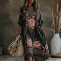 Women's Vintage Floral Art Flowy Linen Blend Casual Long Sleeve Maxi Dress