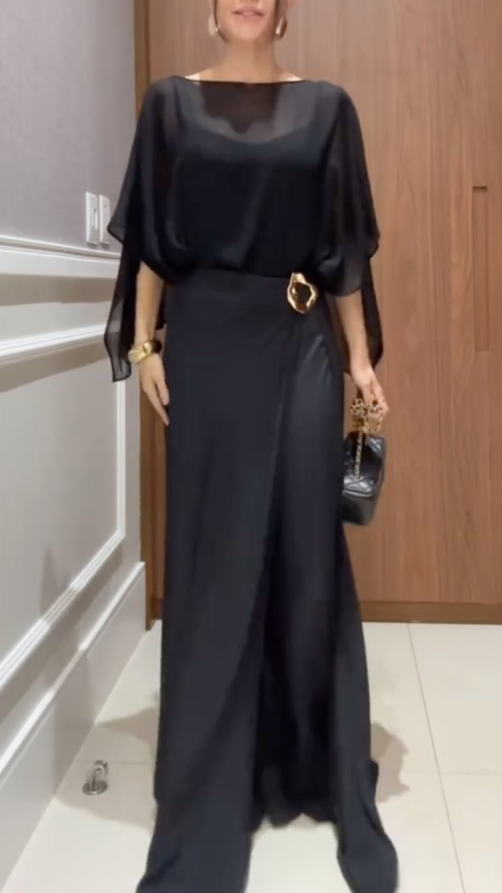Women's Two-Piece Chiffon Casual Set (Faux Two-Piece Top + Faux Two-Piece Pants)