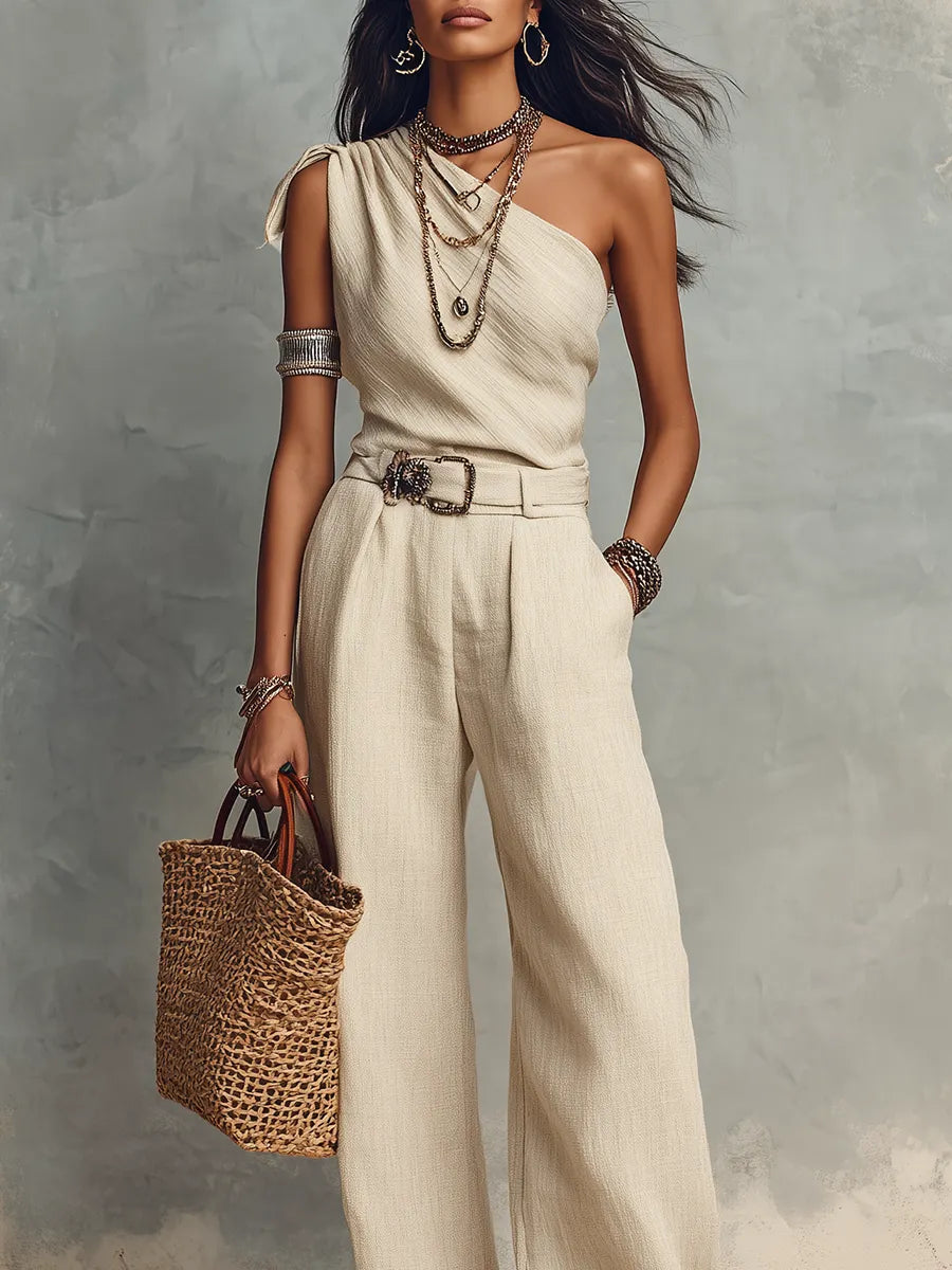 Ivory Linen One-Shoulder Top And Wide-Leg Trousers Set