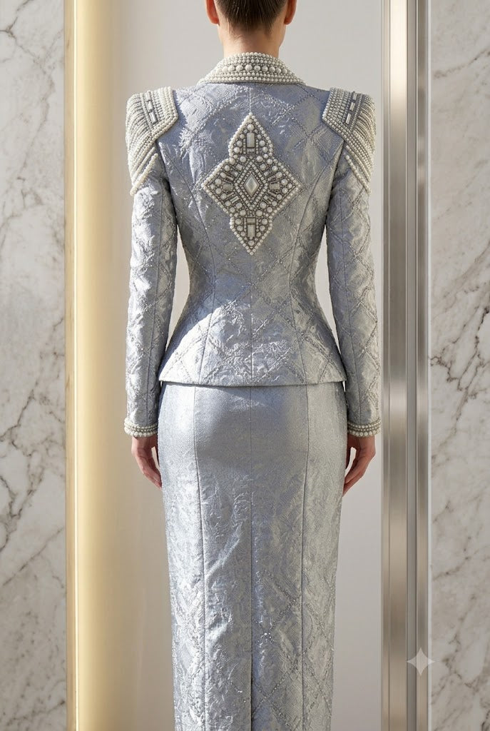 Luxury Silver Blue Pearl Embellished Blazer Set | Heavy Beaded Evening Outfit