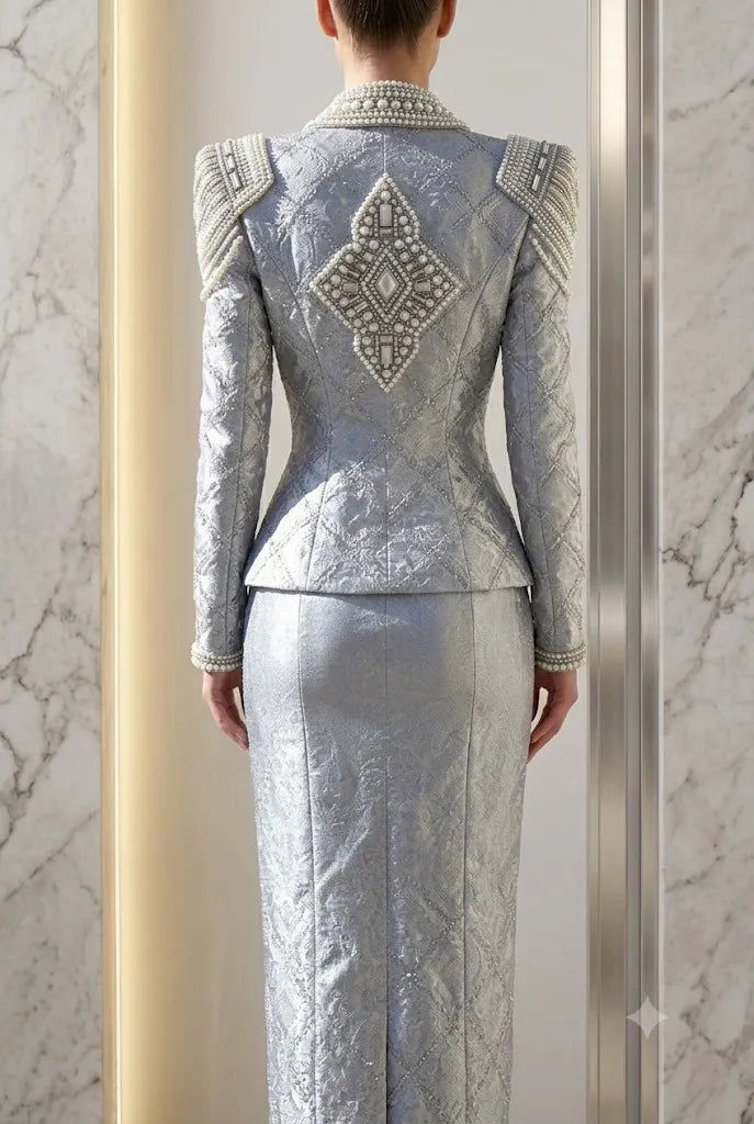 Luxury Silver Blue Pearl Embellished Blazer Set | Heavy Beaded Evening Outfit