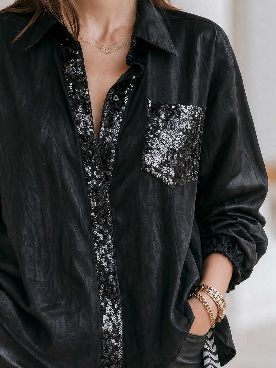 Effortless Evening Shiny Oversized Collared Shirt Top