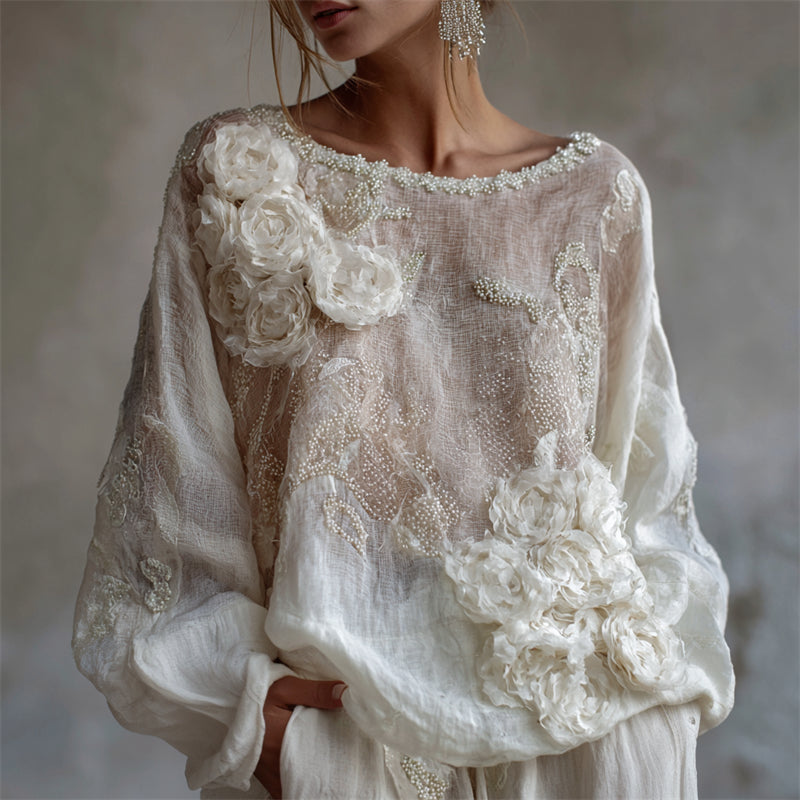 Classy White Roses Pearl Beaded Flowy Linen Tunic