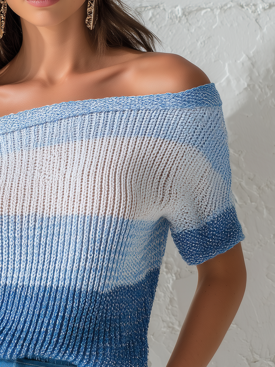 Elegant Blue Striped Knit Off Shoulder Top