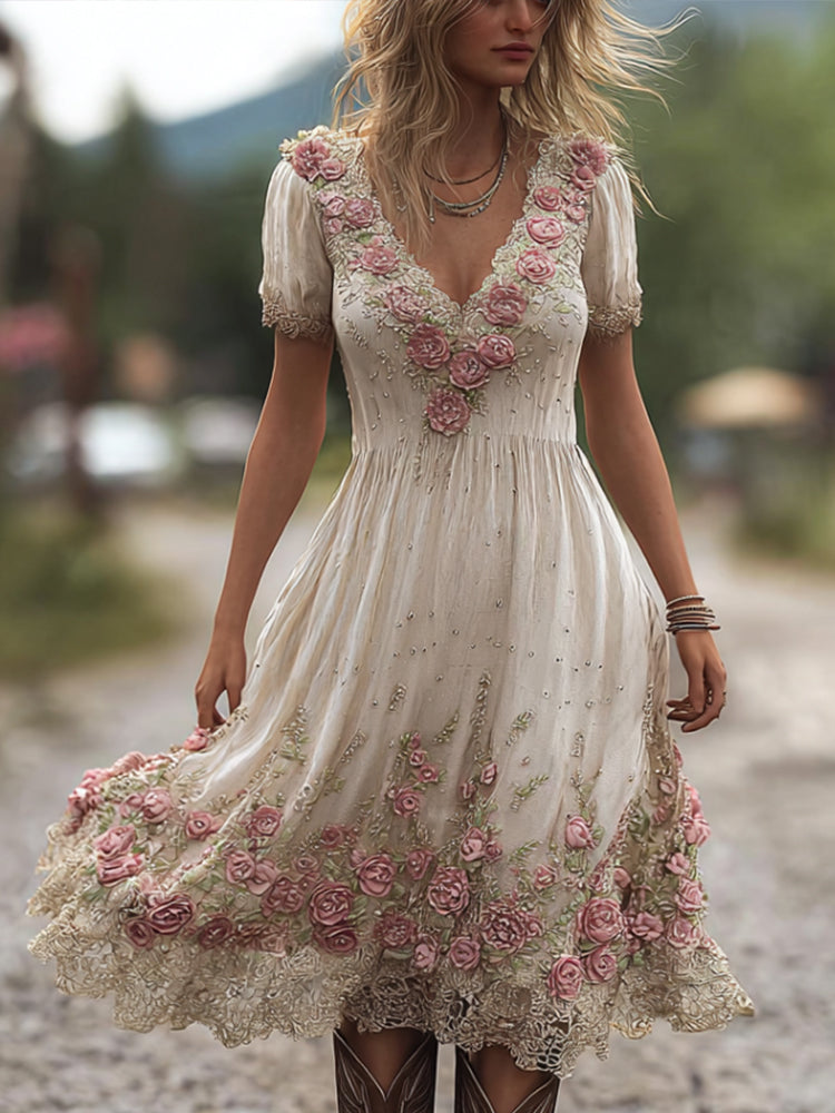 Ladies' Pink Flower Vintage White Linen Vintage V-neck Short-sleeved Long Dress